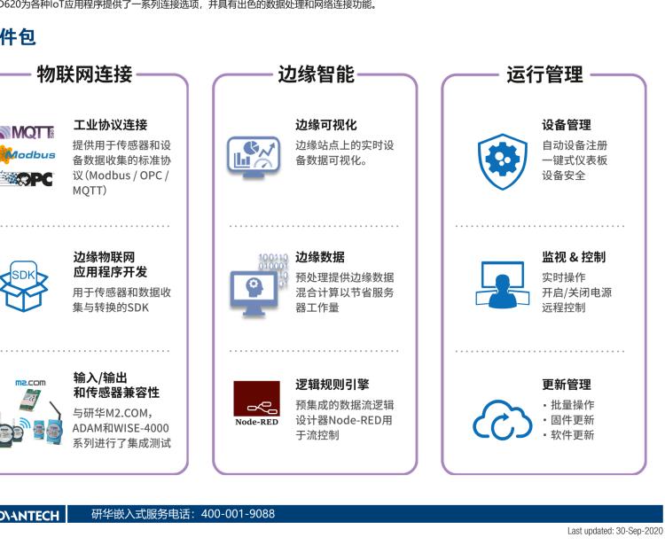 研華EIS-D620 研華EIS-D620，邊緣計(jì)算系統(tǒng)網(wǎng)關(guān)，基于Rockchip RK3399處理器，板載2GB內(nèi)存，16GB eMMC 存儲(chǔ)，低功耗邊緣智能設(shè)備，具備豐富擴(kuò)展接口 2 x LAN，1 x COM，1 x USB，2 x HDMI等，體積非常小巧，適用于邊緣設(shè)備控制及數(shù)據(jù)采集等應(yīng)用場(chǎng)景。