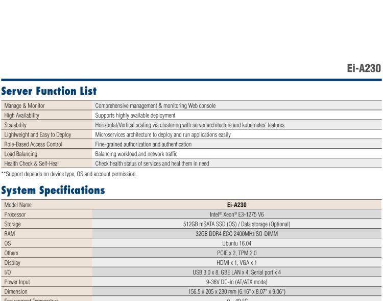 研華EI-A230 研華 EI-A230，邊緣計算系統服務器，搭載Intel Xeon E3-1275 V6 CPU，32GB RAM，512GB mSATA SSD，1T HDD *2，預裝Ubuntu 16.04操作系統。