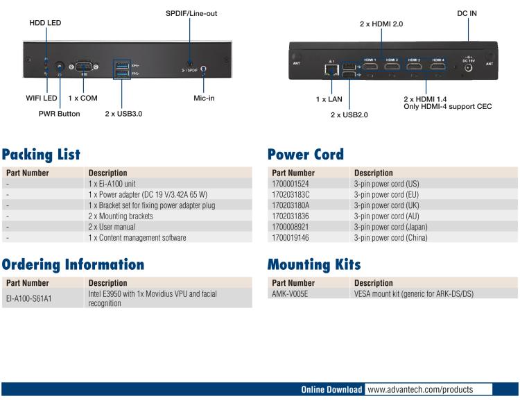 研華Ei-A100 4K Digital Signage Player with One Intel Movidius VPU for AI Facial Recognition