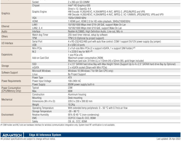 研華AIR-300 支持Intel Xeon / 6/7代Core?i3/i5/i7處理器，AI計算平臺，可擴展 PCIe x16 GPU全尺寸卡