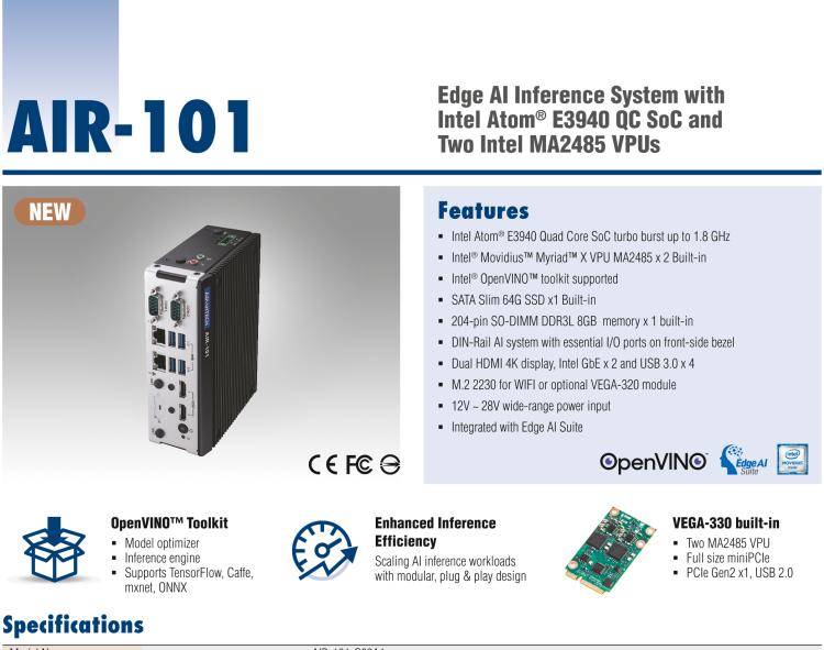 研華AIR-101 基于Intel Atom E3940處理器，AI計(jì)算平臺(tái)，內(nèi)置Myriad X VPU * 2