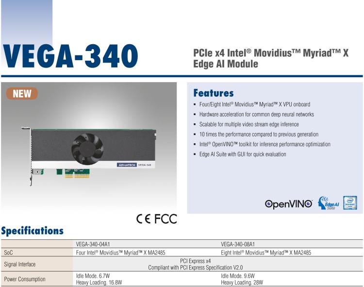 研華VEGA-340 基于Intel Movidius? Myriad? X VPU，PCIe x4 Edge AI 模塊，VPU*4 or VPU*8