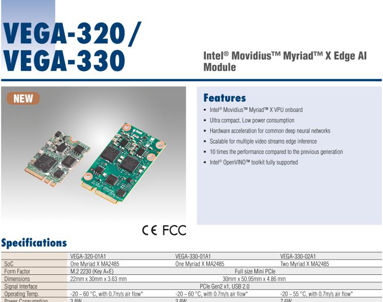 研華VEGA-330 基于Intel Movidius? Myriad? X VPU，miniPCIe Edge AI 模塊，VPU*2