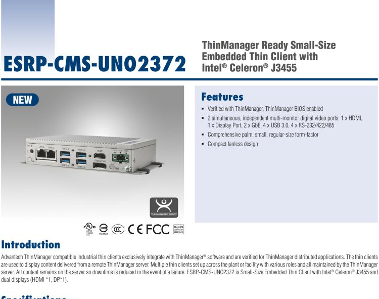 研華ESRP-CMS-UNO2372 ThinManager Ready Small-Size Embedded Thin Client with Intel? Celeron? J3455