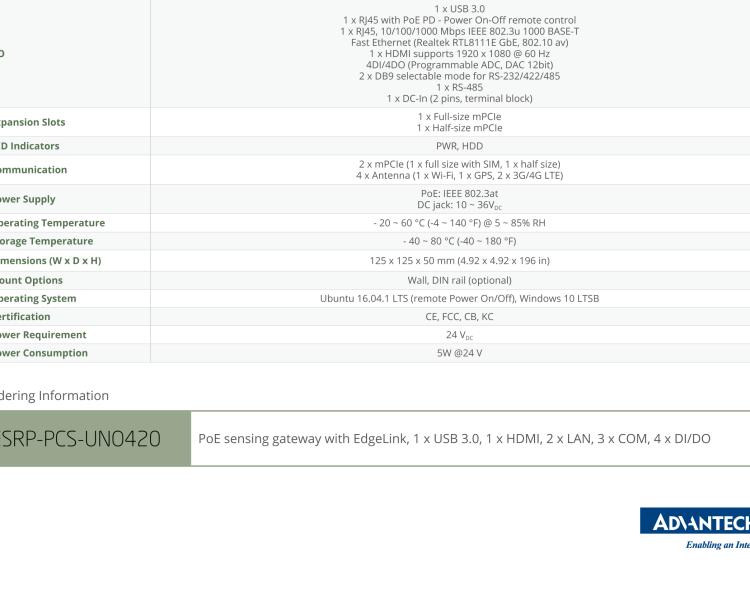 研華ESRP-PCS-UNO420 PoE Sensing Gateway, WISE-EdgeLink, Intel? Atom? E3815, 2 x LAN, 3 x COM, 4 x DI/DO