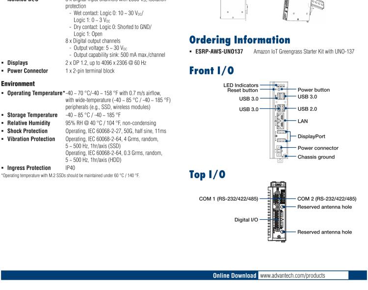 研華ESRP-AWS-UNO137 Intel? Atom? E3940 Compact DIN-Rail Controller with AWS IoT Greengrass and WISE-EdgeLink