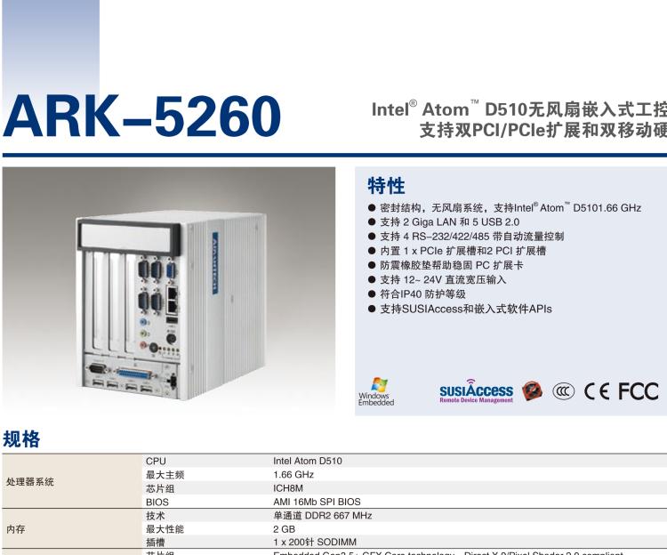 研華ARK-5260 Intel?Atom?D510無(wú)風(fēng)扇嵌入式工控機(jī)，支持雙PCI/PCIe擴(kuò)展和雙移動(dòng)硬盤(pán)