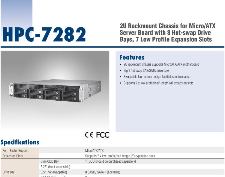 研華HPC-7282 2U 機架式機箱，適用于 Micro/ATX 服務(wù)器主板，支持8個2.5寸/3.5寸熱插拔硬盤，7個半高擴展槽