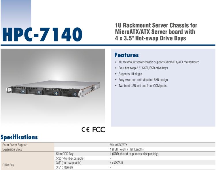 研華HPC-7140 1U 機架式服務(wù)器機箱，適用于 MicroATX/ATX 服務(wù)器主板，支持4個3.5"熱插拔盤位，1個全長/半長PCI-E x16擴展插槽
