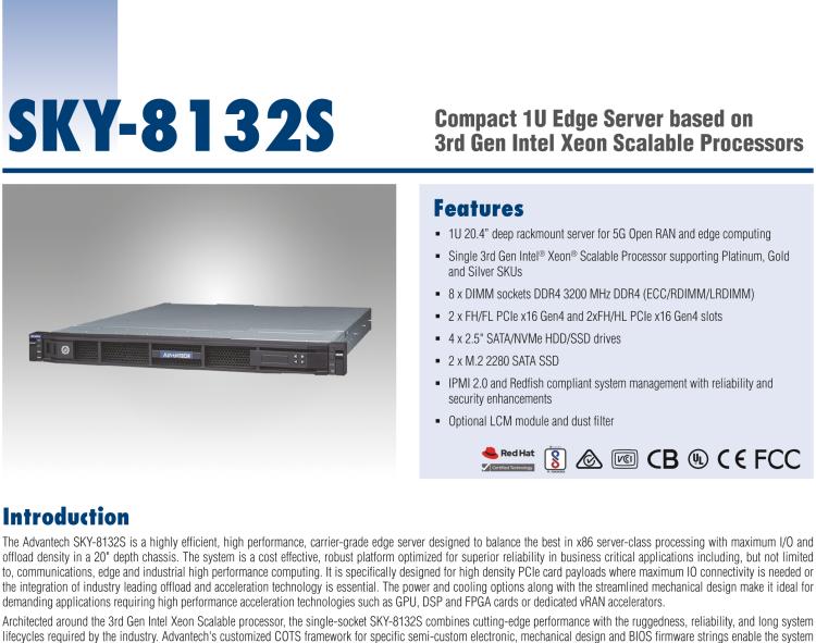 研華SKY-8132S Compact 1U Edge Server based on 3rd Gen Intel? Xeon? Scalable Processors