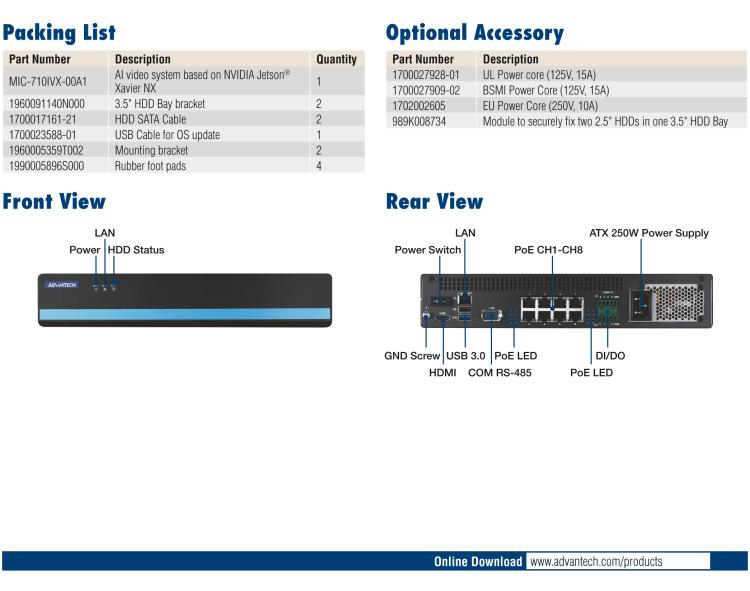 研華MIC-710IVX 基于 NVIDIA? Jetson? Xavier NX 8ch AI 系統(tǒng)