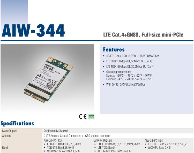 研華AIW-344 4G LTE CAT4：TDD LTE/FDD LTE/WCDMA/GSM和GPS。