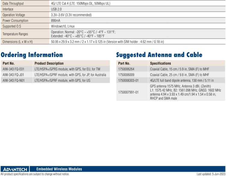 研華AIW-343 4G模組，使用MINI-PCIE規(guī)范接口，支持4G LTE CAT4：TDD LTE/FDD LTE/WCDMA/GSM和GPS。