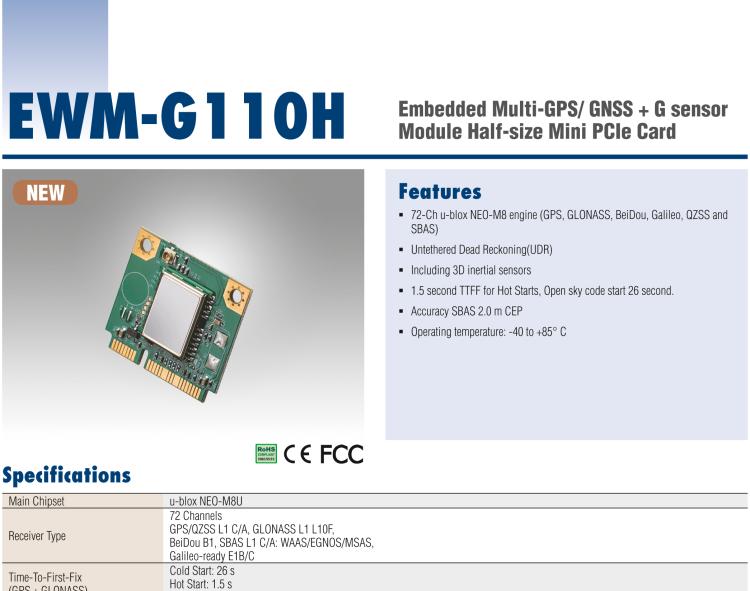 研華EWM-G110 Multi-GNSS (GPS、GLONASS、BeiDou、Galileo、QZSS 和 SBAS) +G-sensor 半尺寸 Mini PCIe 卡