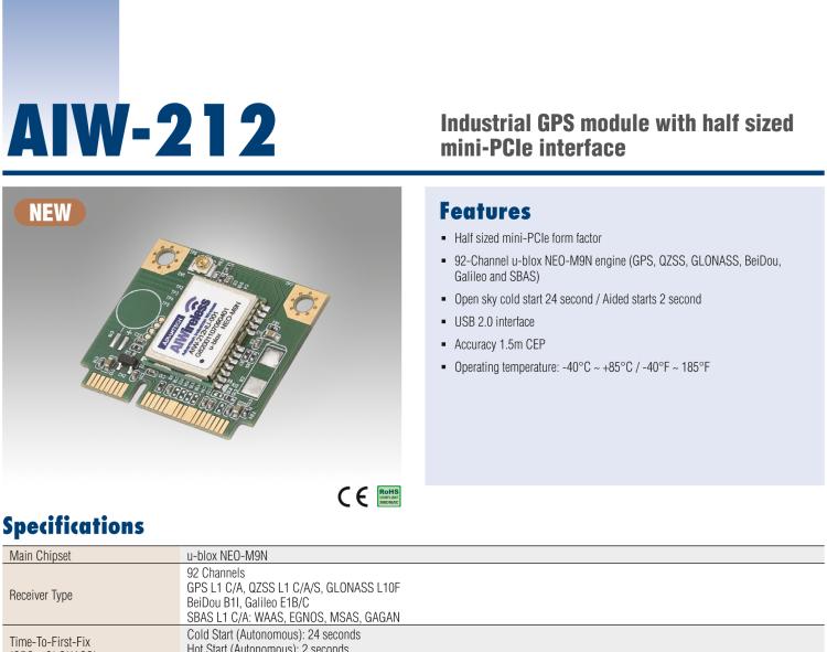 研華AIW-212 工業(yè)級 GNSS（GPS、GLONASS、BeiDou、Galileo、QZSS和SBAS）模塊，半尺寸 mini-PCIe 規(guī)格。