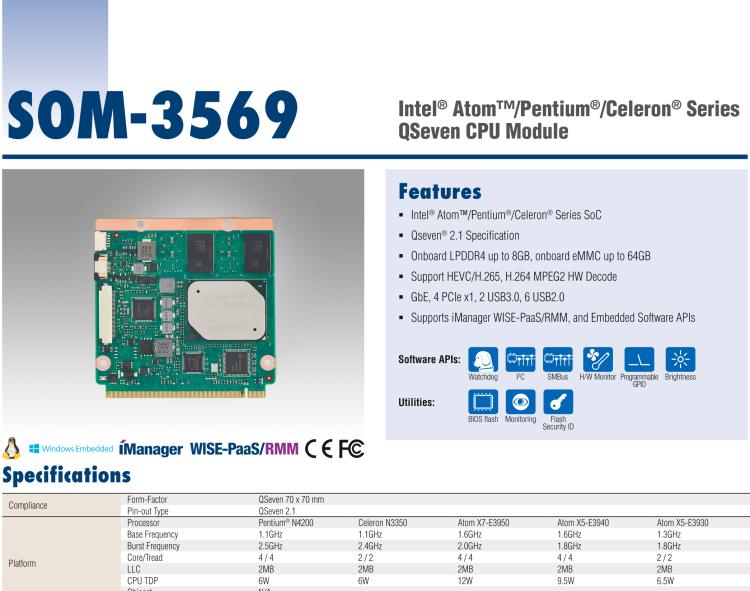 研華SOM-3569 Intel? Atom?/Pentium?/Celeron? N4200系列 QSeven CPU 模塊