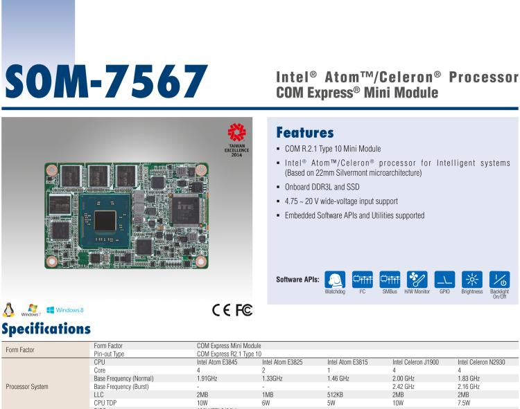 研華SOM-7567 Intel? Atom?/Celeron? 處理器，COM-Express Mini 模塊