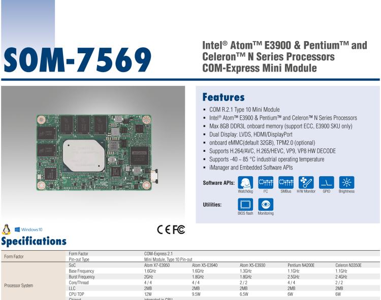 研華SOM-7569 Intel? Atom? E3900 & Pentium? 和 Celeron? N 系列處理器，COM-Express Mini 模塊
