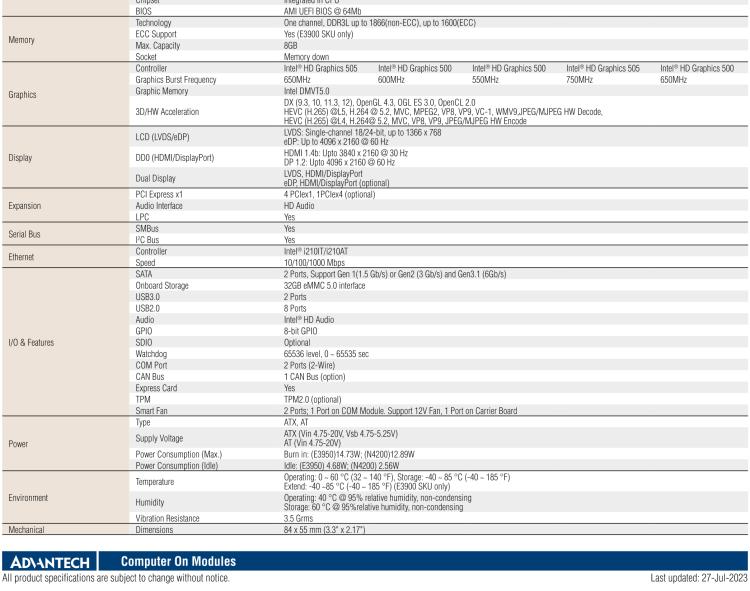 研華SOM-7569 Intel? Atom? E3900 & Pentium? 和 Celeron? N 系列處理器，COM-Express Mini 模塊