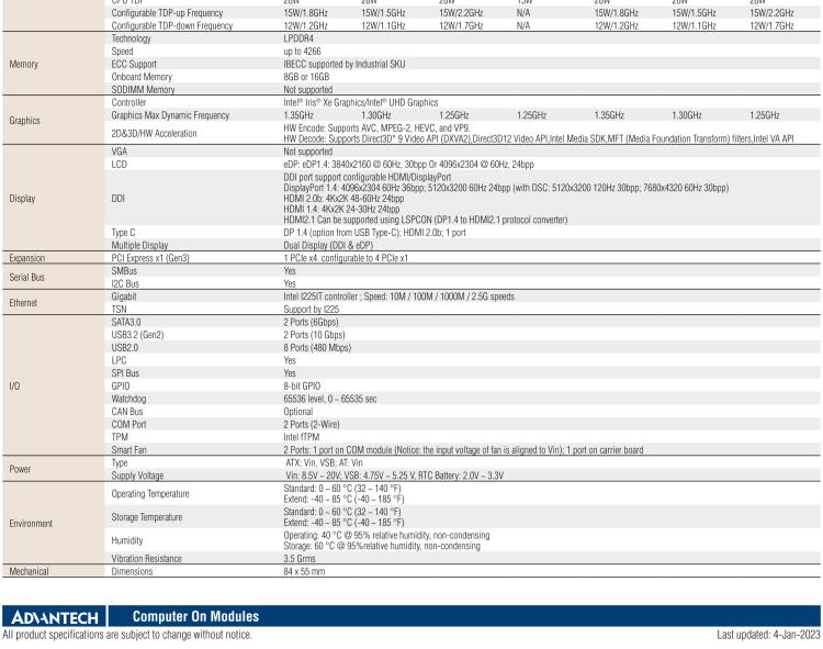 研華SOM-7583 第十一代 Intel? Core U系列處理器，COM Express Mini Type 10 模塊