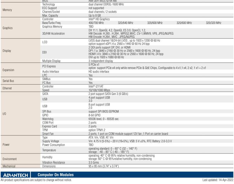 研華SOM-6868 Intel? Pentium?/Celeron? N3000 系列和 Atom ? SoC，COM Express Express Type 6 模塊