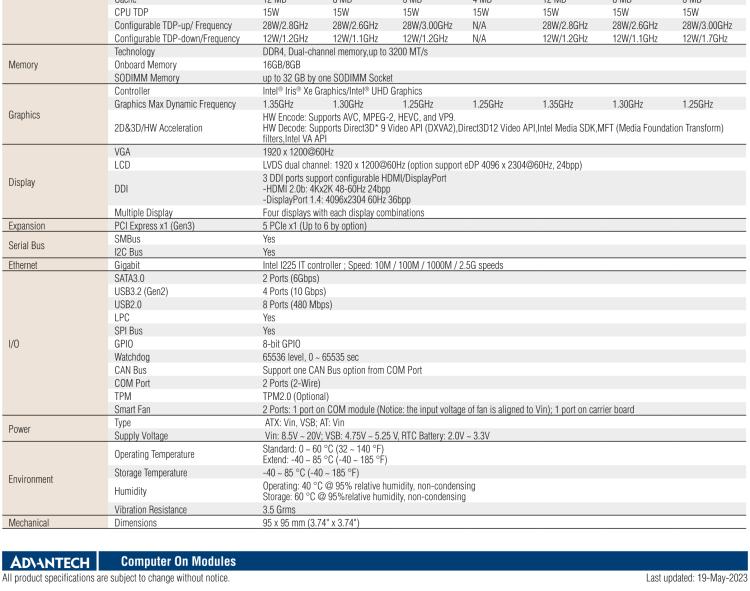 研華SOM-6883 第十一代Intel? Core?處理器U系列（代號(hào)：Tiger Lake-UP3），COM Express? Compact Type6