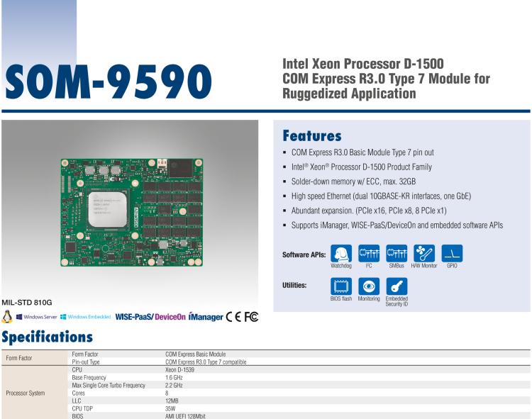 研華SOM-9590 Intel? Xeon?處理器D-1539 COM Express? Basic Type 7模塊