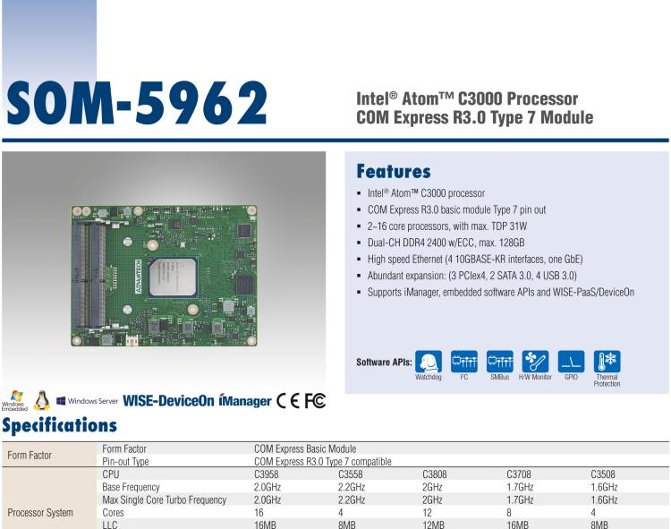 研華SOM-5962 Intel? Atom? C3000 處理器，COM Express R3.0 Type 7 模塊