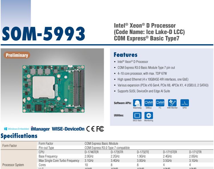 研華SOM-5993 Intel? Xeon? D-1700 處理器 (代號(hào): Ice Lake-D LCC) COM Express? Basic Type7