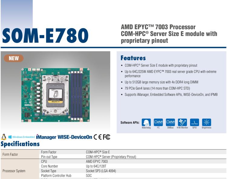 研華SOM-E780 AMD EPYC? 7003 COM-HPC? Server Size E 模塊，具有專有引腳