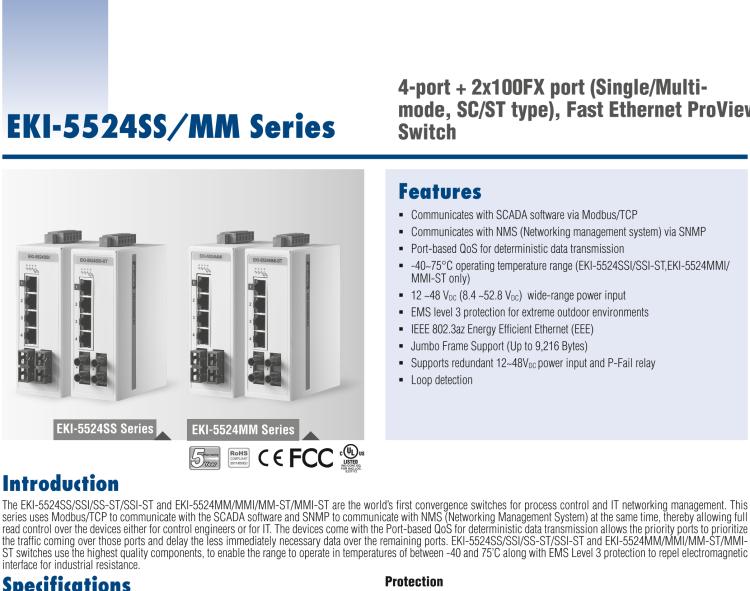 研華EKI-5524MMI 2光4電百兆ProView(組態(tài))系列工業(yè)以太網(wǎng)交換機(包含單模/多模、SC/ST接口)