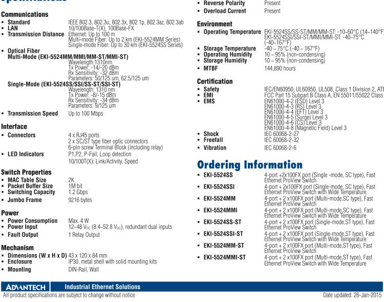 研華EKI-5524SSI 2光4電百兆ProView(組態(tài))系列工業(yè)以太網(wǎng)交換機(jī)(包含單模/多模、SC/ST接口)