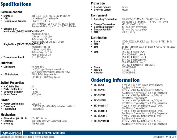 研華EKI-5525MI 1光4電百兆ProView(組態(tài))系列工業(yè)以太網(wǎng)交換機(jī)（包含單模/多模、SC/ST接口）