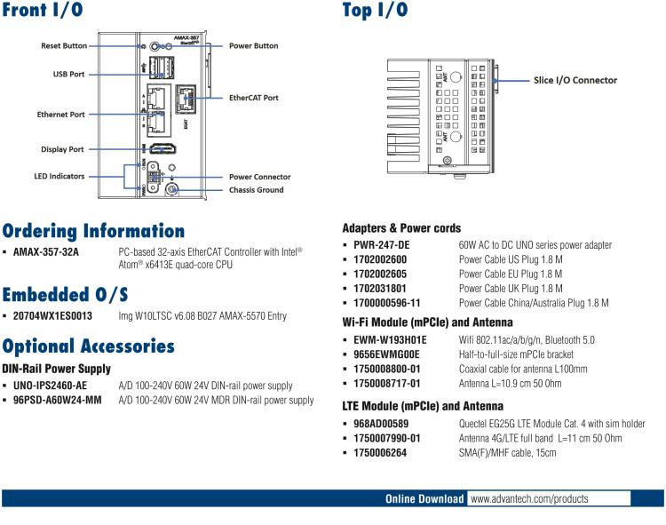 研華AMAX-357 超微型EtherCAT運動控制器，基于PC架構(gòu)開發(fā)，配置了Intel Atom處理器，具有64GB eMMC、2 x LAN、2 x USB和Slice IO擴展