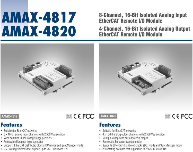 研華AMAX-4817 8 通道 16 位隔離式模擬量輸入 EtherCAT 遠(yuǎn)程 I/O 模塊