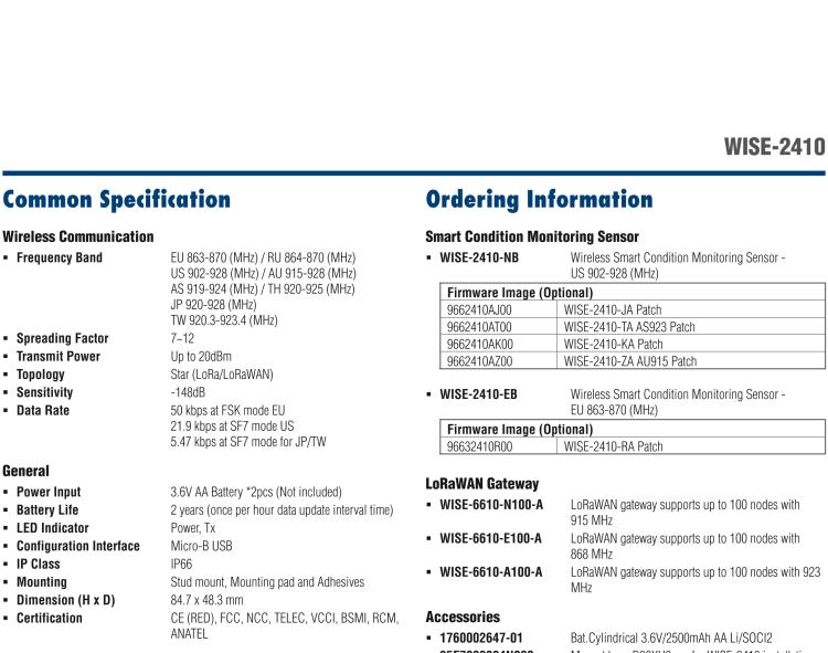 研華WISE-2410 WISE-2410是LoRaWA N無(wú)線振動(dòng)溫度監(jiān)控傳感器，電池使用周期為2年。