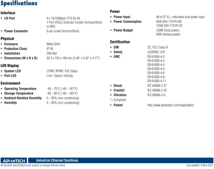 研華EKI-1751PI-M Hardened PoE Ethernet Extender, 100Mbps, VDSL2