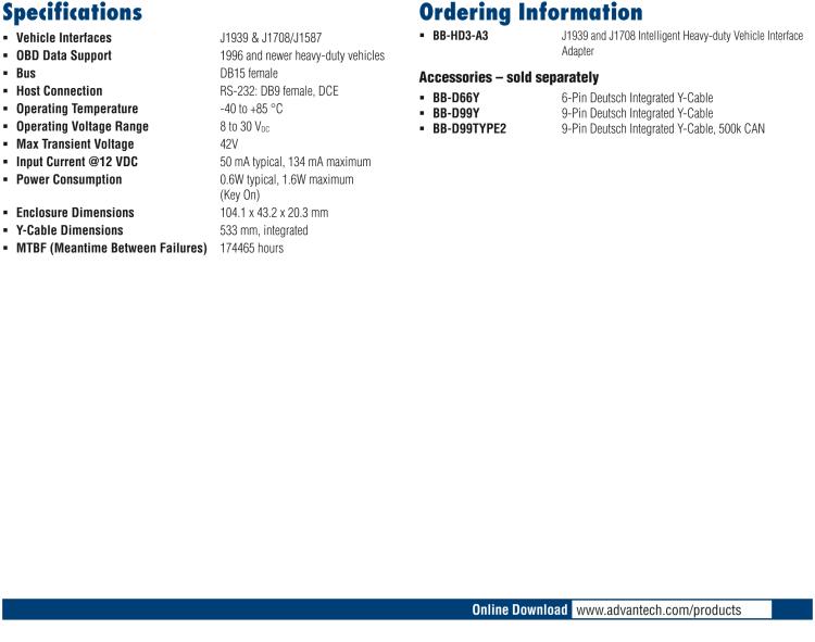 研華BB-HD3-A3 Intelligent J1708 / J1939 Heavy-duty OBD Vehicle Adapter