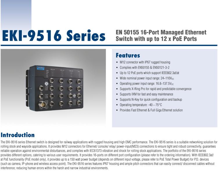 研華EKI-9516G-4GMX EN50155 Managed Ethernet Switch with 12GE, 24-110VDC