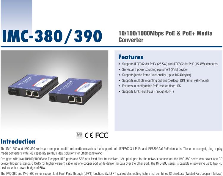 研華IMC-390-SFP-EU Miniature PoE+ Media Converter, 1000Mbps, SFP w/ AC adapter (also known as MiniMc 857-11911)