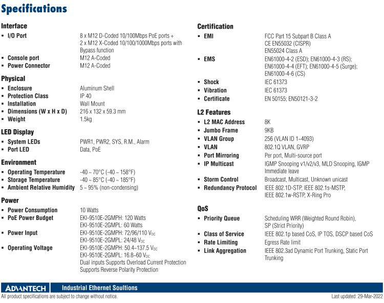 研華EKI-9510E-2GMPL 10個百兆M12 POE端口網(wǎng)管EN50155交換機， 支持24/48 VDC供電