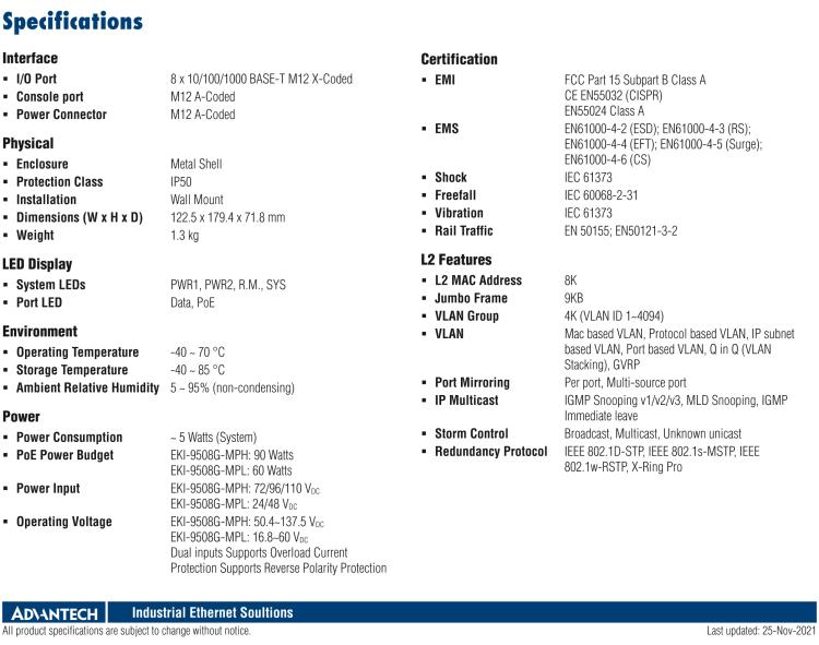 研華EKI-9508G-MPH 8個千兆M12 POE端口非網(wǎng)管EN50155交換機， 支持72/96/110 VDC供電