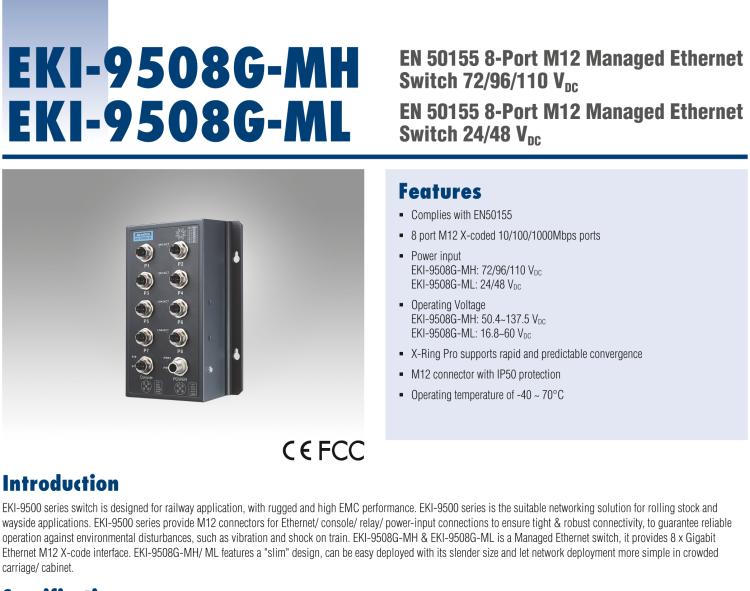 研華EKI-9508G-MH EN50155 Managed Ethernet Switch with 8GE, 72-110 VDC