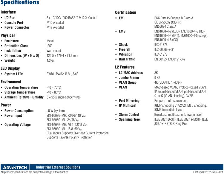 研華EKI-9508G-ML EN50155 Managed Ethernet Switch with 8GE, 24-48 VDC