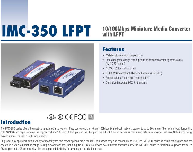 研華IMC-350-SFP-PS-A 緊湊型光電轉(zhuǎn)換器，100Base-TX/FX，SFP，AC適配器（也被稱為BB-855-10619）