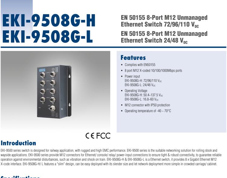 研華EKI-9508G-H 8個千兆M12端口非網(wǎng)管EN50155交換機， 支持72/96/110 VDC供電