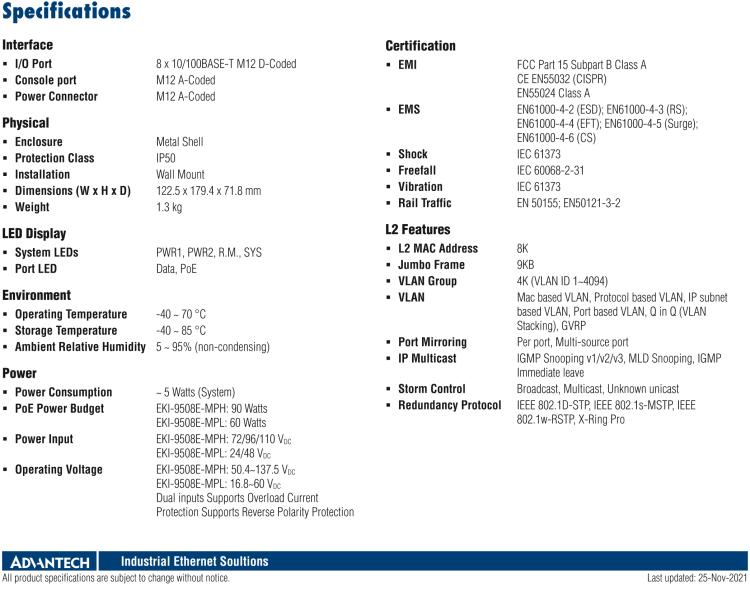 研華EKI-9508E-MPH EN 50155 Managed PoE Ethernet Switch with 8FE, 72-110 VDC