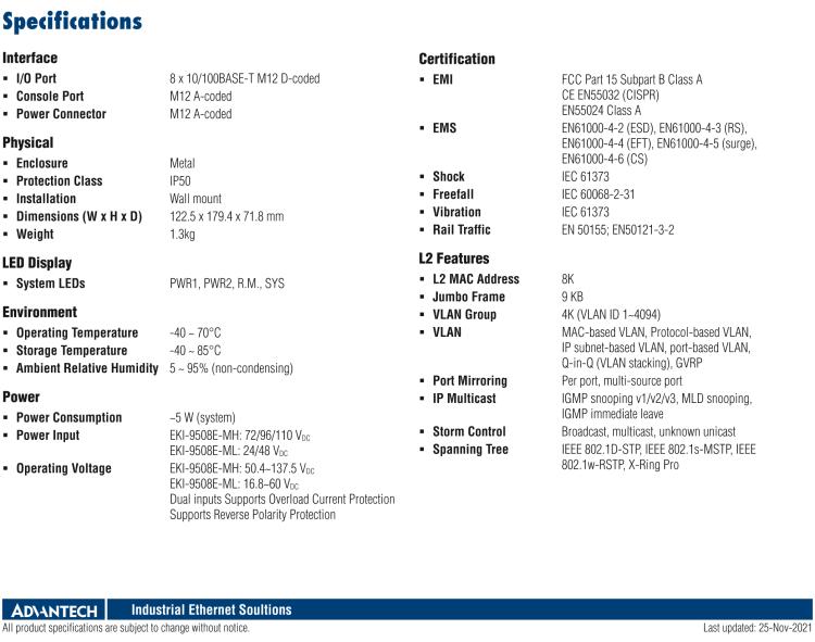 研華EKI-9508E-ML 8個百兆M12端口非網(wǎng)管EN50155交換機(jī)， 支持24/48 VDC電