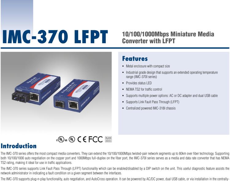 研華IMC-370-SL-B Miniature Media Converter, 1000TX/LX, Single-mode 1550nm, LFPT, 80km, SC type, w/o AC adapter