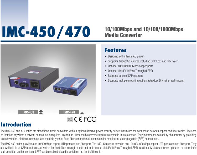 研華IMC-450-SE-US Standalone Media Converter, 100Mbps, Single mode 1310nm, 40km, SC, AC adapter (also known as McBasic 855-10932 )